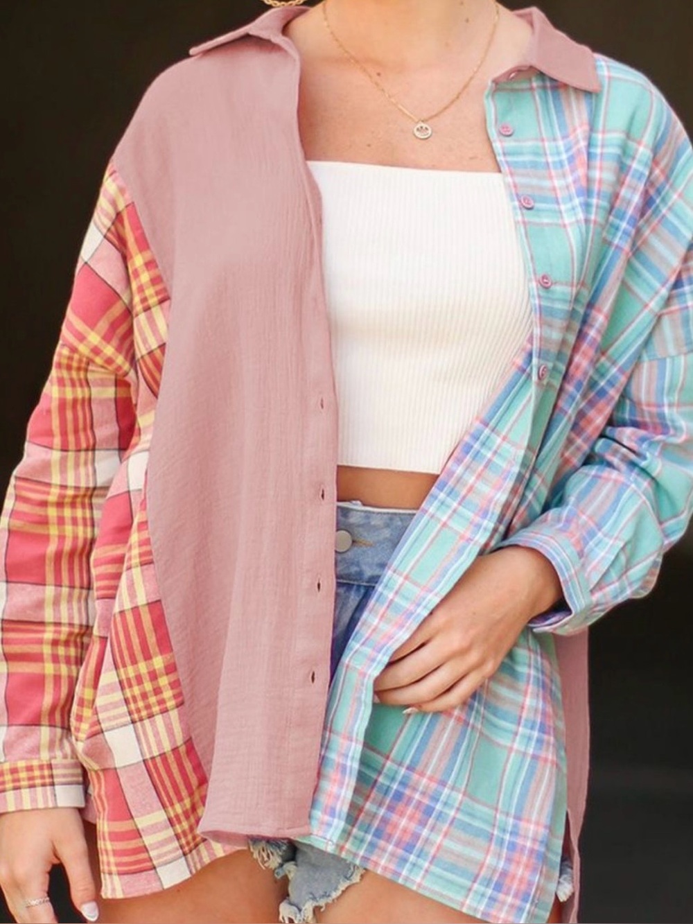 Timing Plaid Color Block Button Up Shirt Pastel Oversized Spring Top Small